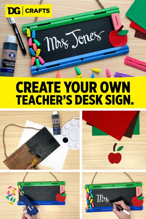 This easy craft project is perfect for the start of the school year. DG has all the supplies for this DIY project for kids. This sign makes a great teacher's gift or can be used to decorate your learning space at home. Name Signs Diy Wooden, Teacher Name Signs Diy, Signs Diy Wooden, Name Signs Diy, Teacher Desk Signs, Teacher Classroom Sign, Teacher's Desk, Pink Marker, Painting Teacher