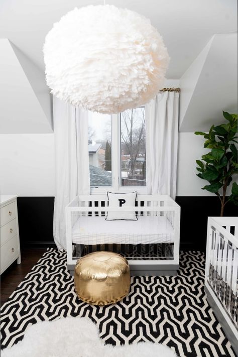 The ultimate modern nursery in black, white and gold: http://www.stylemepretty.com/living/2016/04/21/pulling-off-a-modern-gender-neutral-nursery-for-twins/ | Photography: Hallie Duesenberg - http://www.hallieduesenberg.com/ Modern Gender Neutral Nursery, Twin Baby Rooms, Black White Nursery, Black And White Nursery, Gender Neutral Baby Nursery, Baby Nursery Design, Baby Nursery Neutral, Unique Nursery, Nursery Room Design