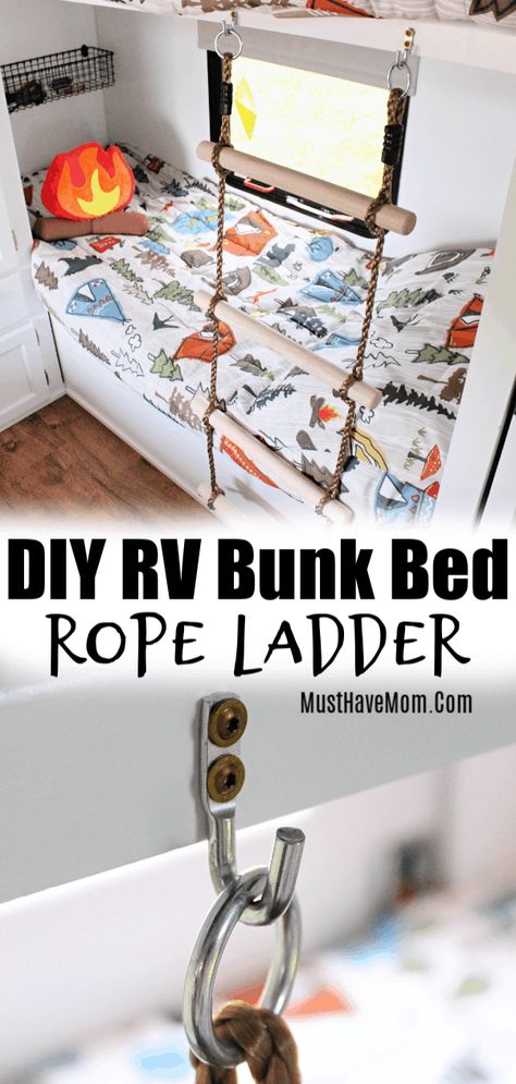 RV bunkhouse remodel with bunk bed ideas and bunk ladder diy via @musthavemom Rope Ladder Bunk Bed, Camper Bunk Bedding Ideas, Diy Camper Bunk Ladder, Camper Ladder For Bunks, Rv Bunk Bed Ladder Diy, Diy Bunk Ladder, Travel Trailer Kids Room Bunk Bed, Bunkhouse Trailer Remodel, Rv Ladders For Bunks