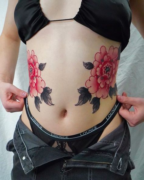 Symmetrical Peony Tattoo, Peony Tattoo, Belly Tattoo, Peonies Tattoo, Red Tattoos, Tattoos For Women, Tattoo Artists, Peonies, Tatting