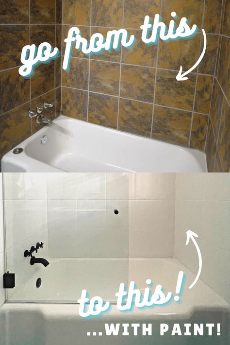 Can you paint shower tile? YES! We made over our entire bathroom with PAINT! Let me show you how to paint shower tile. #bathroomupdate #homereno #budgetupdates Paint Shower Tile, Can You Paint Tile, Painted Shower Tile, Painting Bathroom Tiles, Bathroom Vanity Makeover, Painting Shower, Diy Tile, One Room Challenge, Bathroom Shower Tile