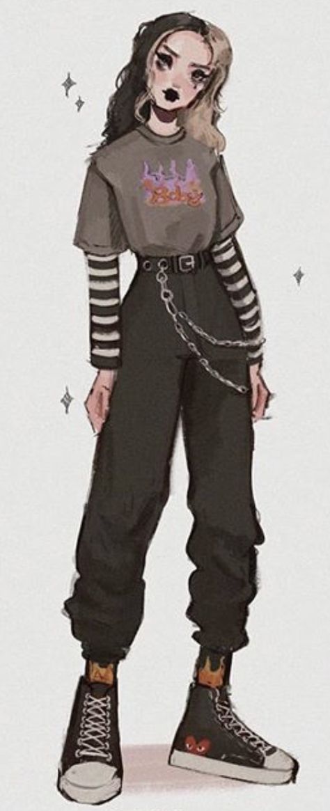 Korean Grunge Outfits, Punk Girl Drawing, Cute Punk Outfits, Draw Ur Oc In This Outfit, Grungy Outfit, Jeans Drawing, Moda Grunge, Pants Drawing, Punk Style Outfits