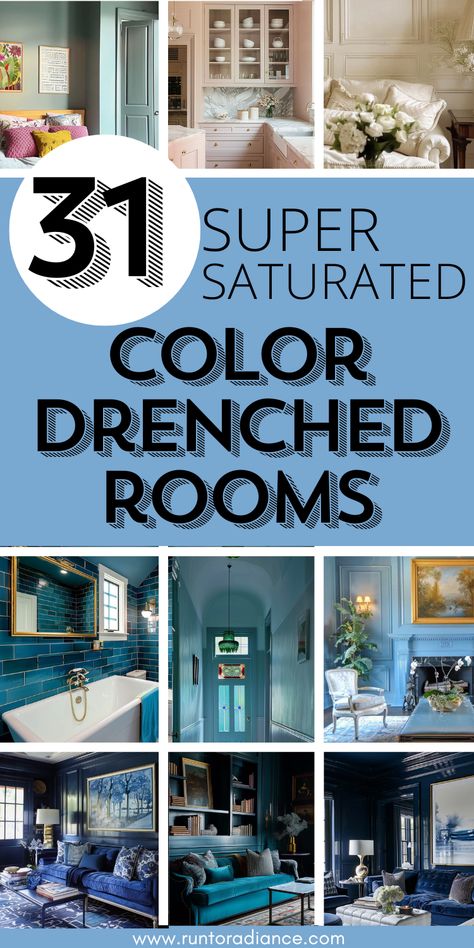 From the bedroom to the bathroom, kitchen, hallway, office, and every room in between, your home can benefit from color drenching! This bold, beautiful 2024 interior design trend is all about color and saturation. Whether you prefer a color drench of pink, green, blue, black, or any other shade, click through to the post to learn how to apply this monochromatic aesthetic to your own space. Sky House Sherwin Williams, Blue English Bedroom, Colour Saturation Interior, Color Drenching Kitchen, Adding Color To Your Home, Blue Monochromatic Room, Color Drenching Bathroom, Color Drenching Interiors, Blue Room Paint