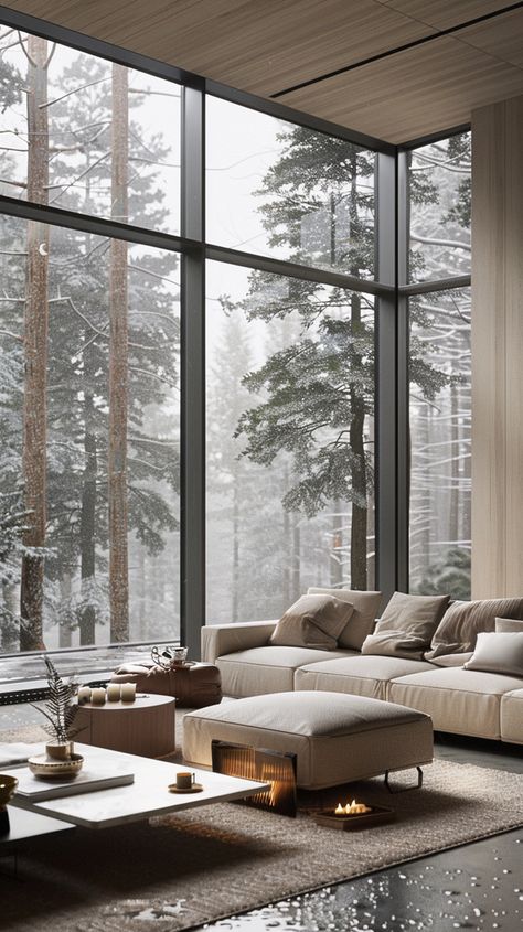 Interior Design Nature, Living Room With Large Windows, Room With Large Windows, Natural Interior Design, Cozy Houses, Japandi Interiors, Modern Luxury Interior, Interior Design Elements, Cabin Interiors