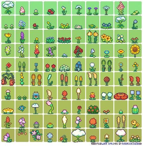 100 Flower Sprites: Manyland Game, Pixel Pokemon, 8 Bit Art, Pixel Art Tutorial, Arte 8 Bits, 8bit Art, Cool Pixel Art, Pixel Art Characters, Isometric Art