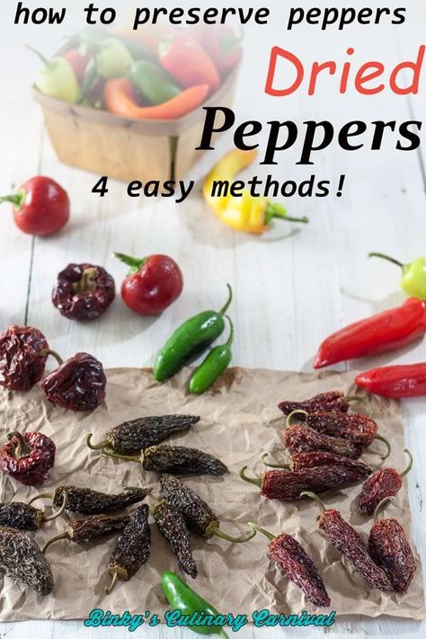 How to preserve peppers. This Dried peppers recipe has 4 different options for methods to dehydrate peppers! #peppers #pepper #drying #garden #chilipeppers #preserving #homepreserving #binkysculinarycarnival via @binkysculinarycarnival Dehydrate Peppers, Preserve Peppers, Preserving Peppers, Pepper Garden, Eating Less, Dried Peppers, Common Knowledge, Dehydrated Food, Stuffed Poblano Peppers