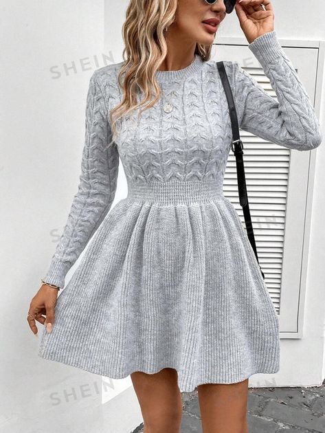 SHEIN LUNE Women's Round Neck Patchwork Slim Fit A-Line Or Flared Hem Casual Comfortable Warm Pullover Sweater Dress With Different Textures For Fall And Winter | SHEIN EUR Cute Winter Dresses, Cute Sweater Dresses, Shirred Waist Dress, Cable Knit Sweater Dress, Casual Chique, Slim Sweater, Sweater Season, Long Sweater Dress, Women Sweaters Winter