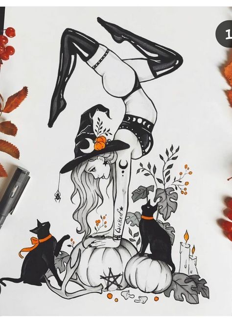 Witch Drawing, Witch Tattoo, Awesome Tattoo, Halloween Tattoo, Halloween Drawings, Halloween Tattoos, Arte Inspo, Witch Art, A Witch