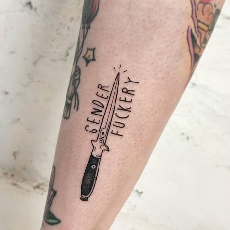 Lgbt Tattoo, Octopus Tattoo Sleeve, Gay Tattoo, Pride Tattoo, Switchblade Knife, Female Tattoos, Women Tattoos, Text Tattoo, Thigh Tattoos Women