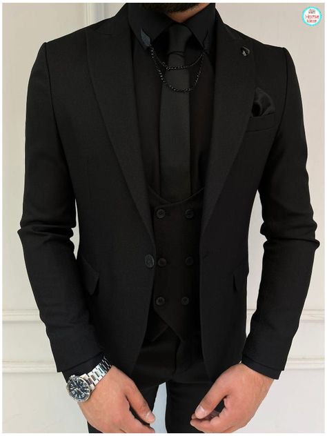 Dark Black Suit Men, Mens All Black Wedding Suit, Fancy Black Suits For Men, Black On Black Wedding Suit, All Black Suit Men Wedding, Black Suit Men Formal Classy, All Black Wedding Suit, All Black Suit Men, Men In Black Suit