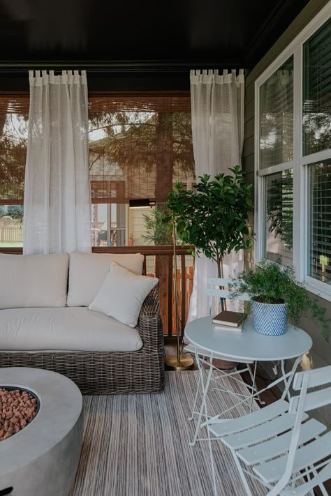 A Screened in Porch Makeover - Chris Loves Julia Diy Screen Porch To Sunroom, Small Back Screened In Porch Ideas, Landscape Around Screened In Porch, Enclosed Porch Curtains, Screen Porch Shades, Screened In Patio Diy, Indoor Back Porch Ideas, Vinyl Screened In Porch, Screened In Porch Reading Nook