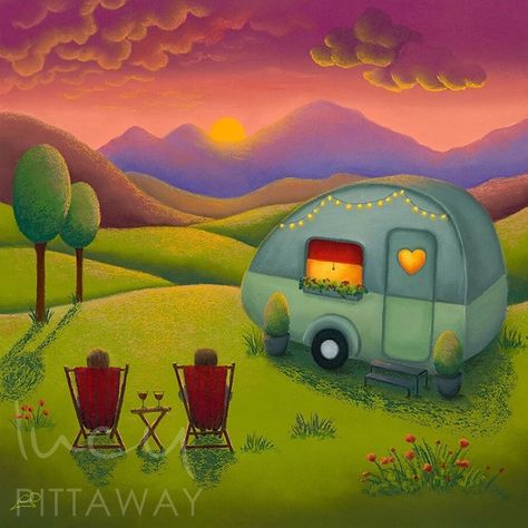 A signed limited edition artwork by popular contemporary artist Lucy Pittaway, entitled Our Happy Place Lucy Pittaway, Vintage Camper Art, Camper Art, Our Happy Place, Free Living, Camping Art, Naive Art, Simple Things, Paint Party