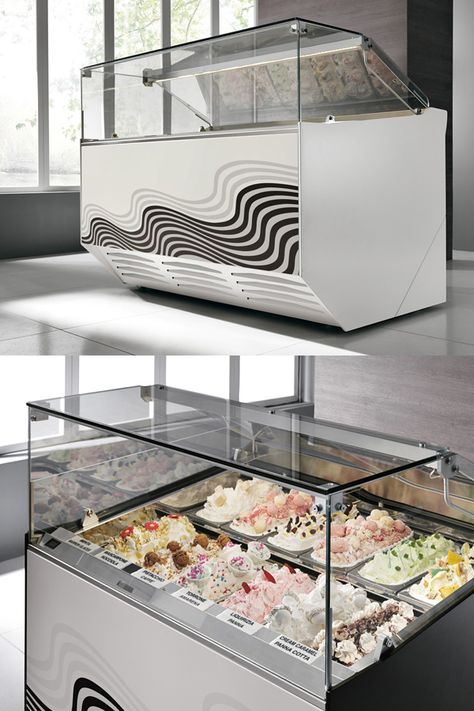 Gelato Display Ideas, Cake Display Counter, Gelato Display, Gelato Machine, Ice Cream Display, Gelato Ice Cream, Food Kiosk, Bakery Decor, Ice Cream Cart