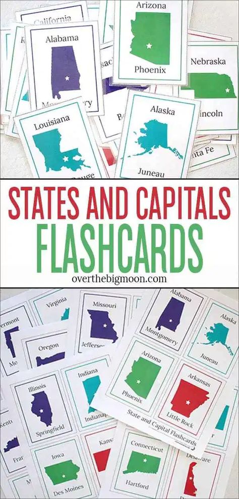 #ad These States and Capitals Flashcards are the perfect tool to help you or your kid learn the US States and Capitals! Download, print, laminate and learn! From overthebigmoon.com #statesandcapitals #stateflashcards #usaflashcards #statecapitals #shelfliner #DuckBrand Teaching State Capitals, How To Learn States And Capitals, Teaching 50 States And Capitals, Learning State Capitals, Learn 50 States And Capitals, How To Teach States And Capitals, Midwest States And Capitals, State Capital Flashcards Free Printable, State And Capitals Worksheets