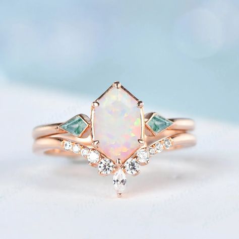 Rose Gold Wedding Rings Sets, Gemstone And Diamond Engagement Rings, Real Opal Engagement Ring, White Opal Wedding Ring, Etsy Rings Engagement, Non Traditional Engagement Rings Opal, Opal Ring Set, Opal Wedding Theme, Opal Wedding Ring Silver