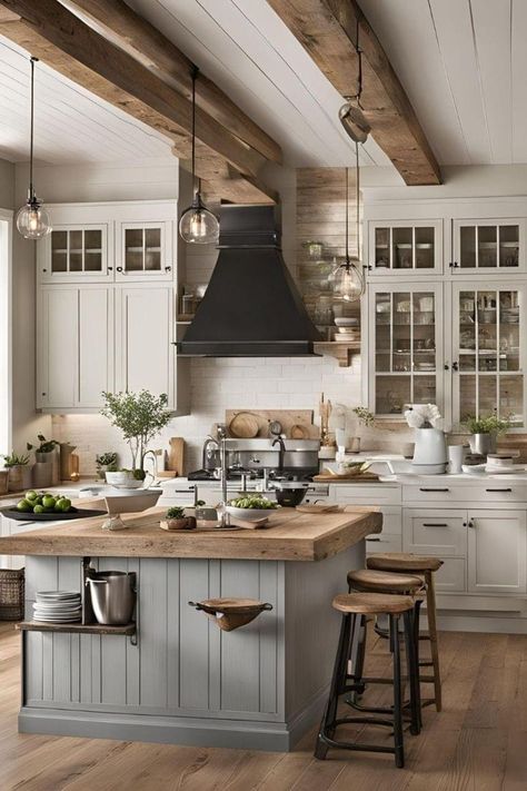 Scandinavian Country House, Gable Roof Kitchen, Cotswold Kitchen Ideas, Provence Kitchen Design, Organic Morden Home Decor, Light Farmhouse Kitchen, Country Kitchen White, Kitchen Inspo With Island, Dream Home Cozy