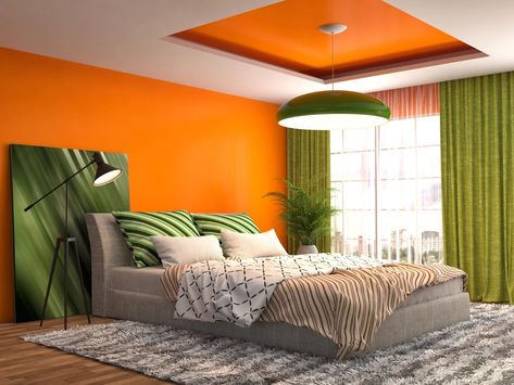 Bold Colored Bedroom Orange And Green Bedroom, Brown Living Room Decor, Yellow Furniture, Orange Rooms, Orange Bedroom, Bedroom Color Combination, Brown Rooms, 70s Home, 70s Home Decor