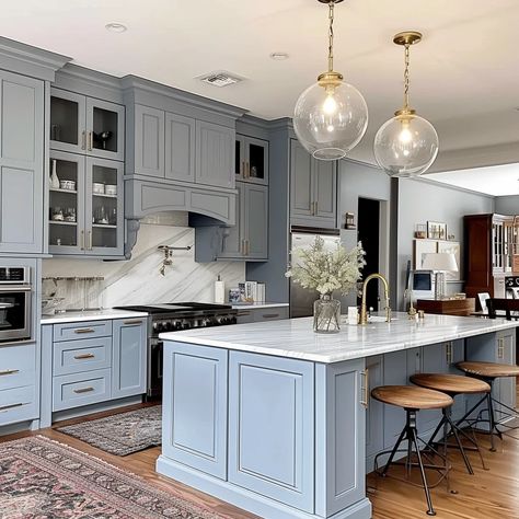 Dusty Blue And White Kitchen, Best Blue Cabinet Paint Colors, Powder Blue Kitchen Cabinets, Grey Blue Kitchen Cabinets, Gray Blue Kitchen Cabinets, Light Blue Kitchen Island, Pale Blue Kitchen Cabinets, Blue Grey Kitchen Cabinets, Light Blue Kitchen Ideas