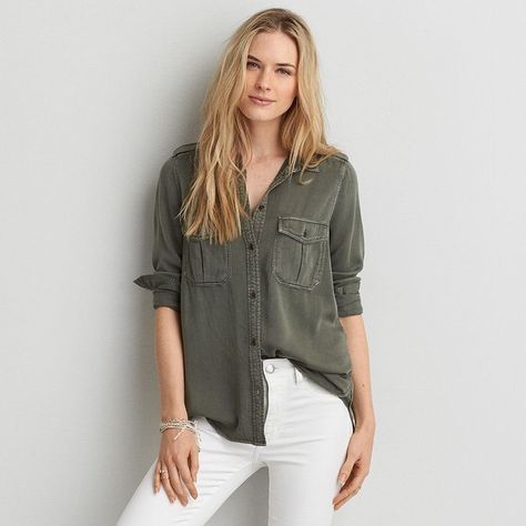 AEO Military Button Down Shirt ($45) ❤ liked on Polyvore featuring tops, olive green, button down top, pocket shirt, button up shirts, army green shirt and military button up shirt Olive Green Shirt Outfit, Green Shirt Outfits, Olive Green Shirt, American Eagle Sweater, Boyfriend Shirt, Green Button, Green Shirt, Mens Outfitters, Style Outfits