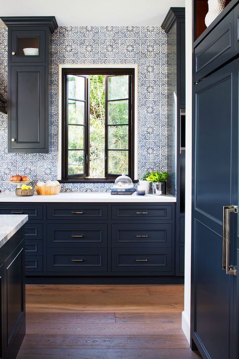 kitchen backsplash, blue and white tile backsplash, ceramic tiles, navy blue cabinets, white countertop Navy Blue Cabinets, Backsplash Blue, Top Kitchen Colors, Popular Kitchen Colors, Blue And White Tile, Kitchen Color Palettes, Grey Blue Kitchen, Colorful Backsplash, Beautiful Backsplash