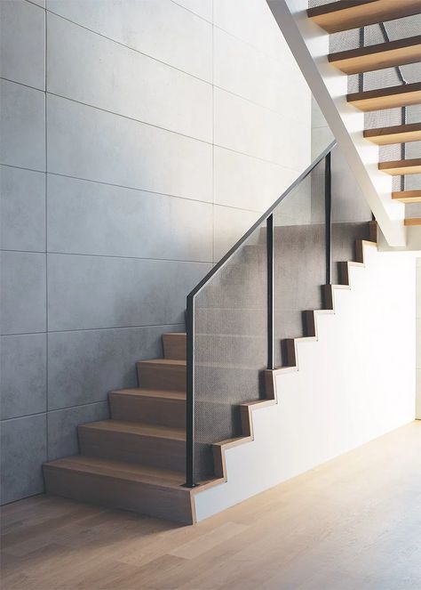 stair-with-perforated-metal-railings Perforated Railing, Cement Panels, Easton Md, Wall Faucet, Home Design Magazines, White Marble Tiles, Front Courtyard, Metal Railings, Harmony With Nature