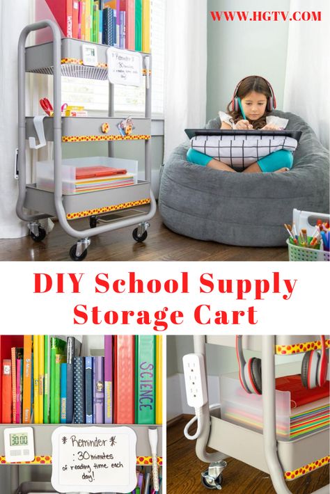 Homework Cart For Kids, Homeschool Cart Organize, Homework Cart, Homeschool Classroom Setup, Kids Desk Organization, Kids Homework Station, Homeschool Room Design, Homeschool Room Organization, School Supply Storage