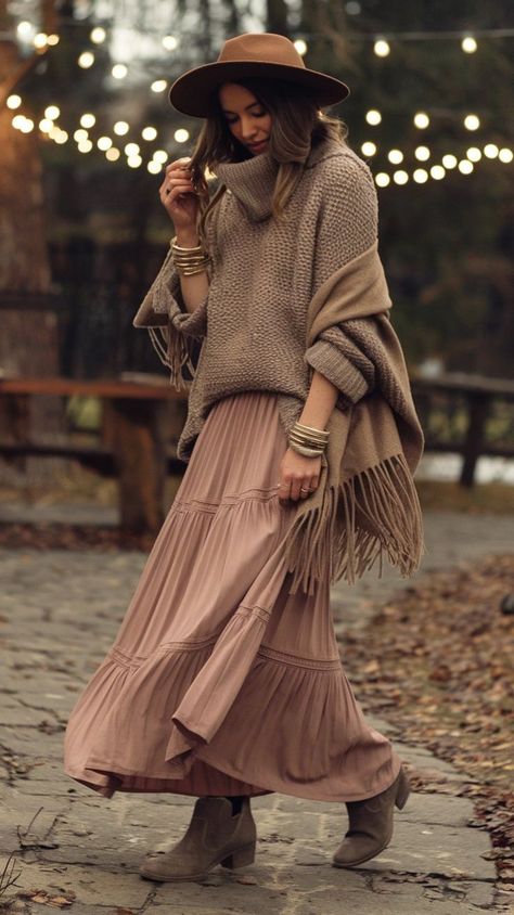 Boho Skirt and Sweater NYE Inspo Boho Jumper Outfit, Boho Skirt And Sweater Outfit, Winter Grocery Shopping Outfit, Beige Boho Outfit, Boho Aesthetic Outfit Winter, Long Skirt Boho Outfit, Boho Outfits Winter Bohemian, Cold Boho Outfits, Boho Over 40 Fashion