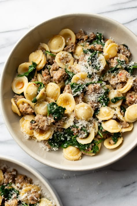 Orrichettie Pasta, Fun Pasta Shapes, Orecchiette With Sausage, Italian Sausage Spinach, Fun Pasta, Sausage And Spinach, Weeknight Pasta, Sausage Spinach, Italian Sausage Pasta