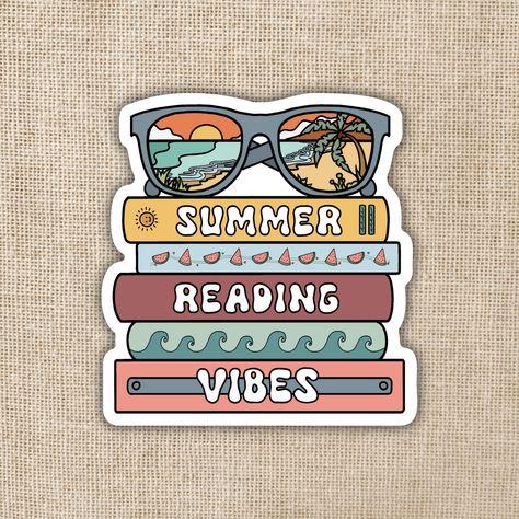 I may be an adult, but I still build a summer reading list every summer. Reading on the beach is just a different vibe! Description: Sticker is of sunglasses with beach view in the lenses on top of a stack of books, saying "Summer Reading Vibes" on the spines. Spines also have waves and watermelon slices. Sticker Details 3x2.9 in. sticker Vinyl printed stickers - fast and easy bubble-free application Waterproof & Weatherproof - dishwasher safe, can be placed on cars and water bottles Removes wit Reading On The Beach, Reading Vibes, Summer Stickers, A Stack Of Books, Camping Inspiration, Printed Stickers, Summer Reading Lists, Watermelon Slices, Classy Tattoos