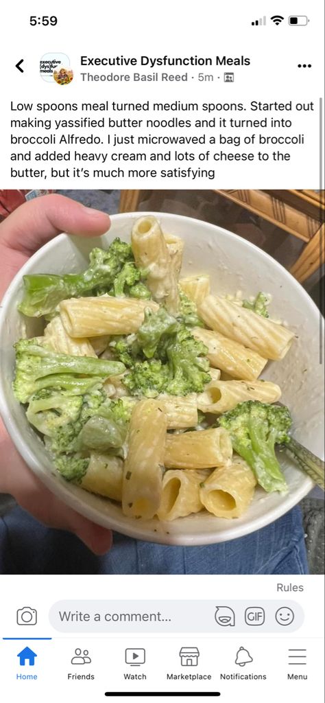 Low Spoons Meals, Low Spoon Meals, Executive Dysfunction Meals, Executive Dysfunction, Broccoli Alfredo, Buttered Noodles, Dried Herbs, Drying Herbs, Alfredo