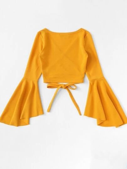 Wrap Crop Tops, Tie Crop Top, Flounce Sleeve, Yellow Fashion, Wrap Blouse, Teen Fashion Outfits, Teen Fashion, Blouse Designs, Cute Clothes