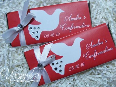 Yvonnes Candy Bar Boutique can create the most unique party favors for your next event! Our candy and gum wrappers will create a wow factor with your guests that will leave a lasting impression. If you dont see what youre looking for in our shop, please reach out to us and we will create a design as Chocolate Bar Favors, Dove Design, Catholic Confirmation, Confirmation Party, Confirmation Cakes, First Communion Decorations, Truffle Boxes, Communion Decorations, Unique Party Favors