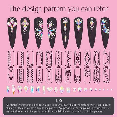 Easy Diamond Nail Design, Nail Gem Layout, Rhinestone Nail Patterns, Elegant Rhinestone Nails, Rhinestone Nail Designs Pattern, Nail Stone Design Rhinestones, Crystals On Nails, Nail Diamond Design, Rhinestone Designs Pattern Nails