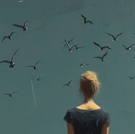 Paola Luther | This painting depicts a lone figure standing in a field, gazing at a sky filled with birds in flight. The striking contrast between the... | Instagram Bird In Flight Painting, Standing In A Field, Minimalist Details, Freedom Art, Artwork Portrait, Connection With Nature, Birds In The Sky, A Sky, School Art Projects