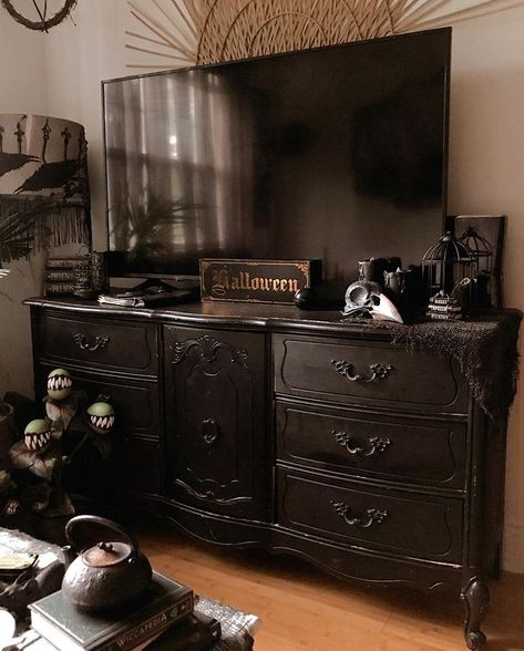 Dark Dresser Decor, Gothic Rooms, Goth Living Room, Goth Office, Gothic Homes, Dresser In Living Room, Michaels Halloween, Goth Bedroom, Tears Art