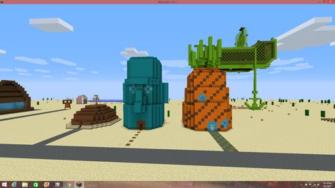 SpongeBob World- Spongebob's, Squidward's, Patrick's house Squidward House Minecraft, Disney Minecraft Houses, Minecraft Spongebob House, Disney Minecraft Ideas, Minecraft Disney Buildings, Disney Minecraft Builds, Sandy Spongebob, Minecraft Spongebob, Disney Minecraft