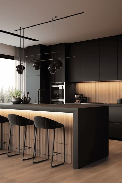 Black Kitchen Modern Design, Black Matt Kitchen Cabinets, Black And Wood Island Kitchen, Kitchen Modern Black And White, Kitchen Black With Wood, Dark Black Kitchen Aesthetic, Contrast Kitchen Design, Black Bright Kitchen, Black Wood Kitchen Design