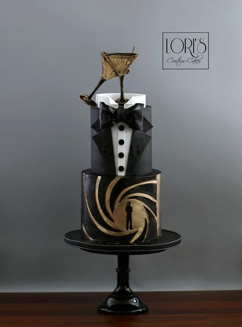 60th Birthday Cake For Men, James Bond Cake, Great Gatsby Cake, James Bond Theme Party, Gatsby Cake, Soccer Birthday Cakes, Black And Gold Cake, Bond James Bond, Cake Design For Men