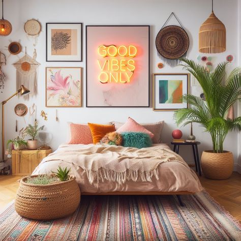 Bright, bold, and full of energy, this bohemian bedroom is all about embracing the good vibes. Pin this to your "Dream Home" board as inspiration for creating a space that's as lively and joyful as you are. With a neon sign to light up the room, it's perfect for anyone looking to add a splash of personality to their sanctuary. #LuxuryParentalRetreats #BohoChic #HomeDecor #JoyfulSpaces Bedroom Bohemian Modern, Bohemian Colorful Bedroom, Bohimi Room Style, Bold Bohemian Bedroom, Bohemian Bedroom Decor Colorful, Boho Condo Decor, Bedroom Modern Colorful, Colorful Bright Room Aesthetic, Boohoo Bedroom Bohemian Style