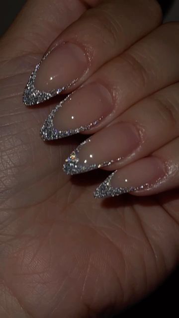 Silver Sparkle Nails French Tip, Silver Glitter French Tips Almond, Glittery Nails Silver, Sliver Homecoming Nails, Reflected Glitter Nails, Disco French Nails, Sparkly Classy Nails, Sparkle Almond Nails Glitter, Silver Glitter Nails French Tips