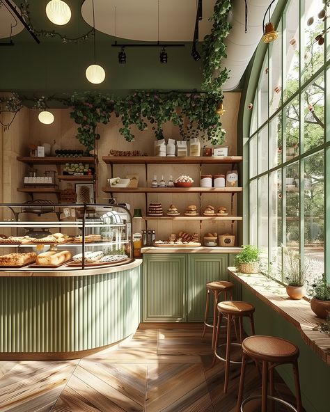 This might be the bakery of our dreams. ☕️  Lush greenery, shelving that complements the pastries, and an abundance of natural light.  Which NYC neighborhood can you envision this in?  (AI created by @socialnectarco) Pastry Restaurant Design, Bakery Island Display, Coffee Shop Library Aesthetic, New York Coffee Shop Interior, French Shop Interior, Vintage Italian Coffee Shop, Open Concept Coffee Shop, Natural Light Coffee Shop, Cafe Front Counter