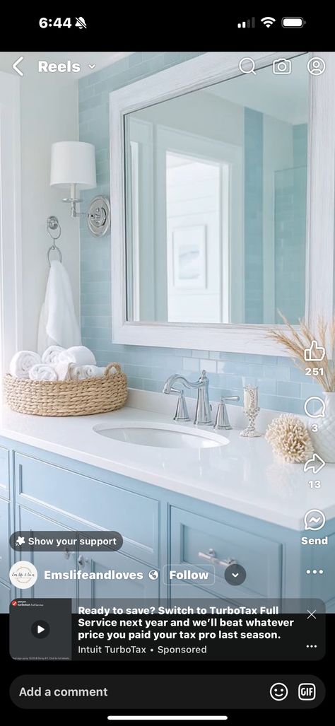 Coastal Bathroom Showers, Bathroom With Light Blue Vanity, Coastal Modern Master Bath, Beachy Shower Tile Ideas, Coastal Grandma Bathroom, Light Blue Bathrooms, Beige And Blue Bathroom, Powder Blue Bathroom, Small Beach Bathroom Ideas