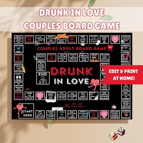 Date night game drunk in love couples drinking board game printable Drinking Games For Adults, Board Game Printable, Drinking Games For Couples, Drinking Board, Drinking Board Games, Couples Game Night, Board Games For Couples, Lets Get Drunk, Date Night Games