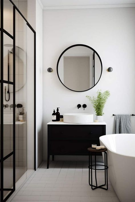 Scandinavian Bathroom Design: Full-body Mirror & Black Frame Mirror Black Frame, Scandinavian Bathroom Design Ideas, Scandinavian Bathroom Design, Black Mirror Frame, Basement Reno, Ikea Catalog, Scandinavian Designs, Scandinavian Bathroom, Mirror Framed