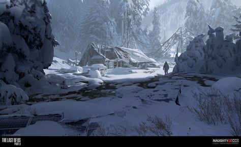 ArtStation - The Last of Us Part II - Snow Shack, Balazs Agoston Pixel Brush, Snow Cabin, Nuclear Winter, Last Of Us Part 2, Snow Village, Dog Help, Matte Painting, Snow Scenes, Last Of Us