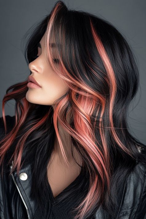 Jet Black Hair Magic: 17 Ideas to Elevate Your Look Black Long Bob Haircut, Two Toned Medium Length Hair, Black Magic Effect, Black Hair Pop Of Color, Black Hair Colored Highlights, Moody Hair Color, Fun Professional Hair Color, Dark Hair Peekaboo Color, Fall Hair Color Ideas 2024