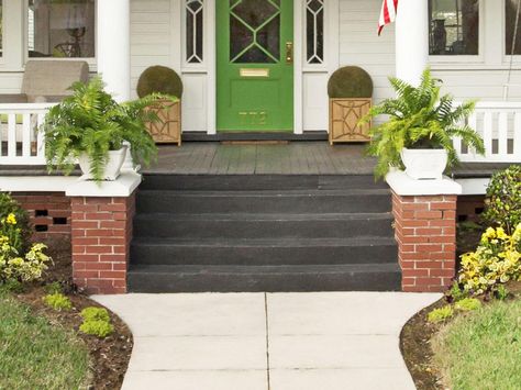 Copy the Charming Curb Appeal | Landscaping Ideas and Hardscape Design | HGTV 1950 Bungalow, Landscape Design Front Of House, House Curb Appeal, Brick Stairs, Bungalow Remodel, Painted Porch, Curb Appeal Landscape, Front Porch Steps, Brick Columns