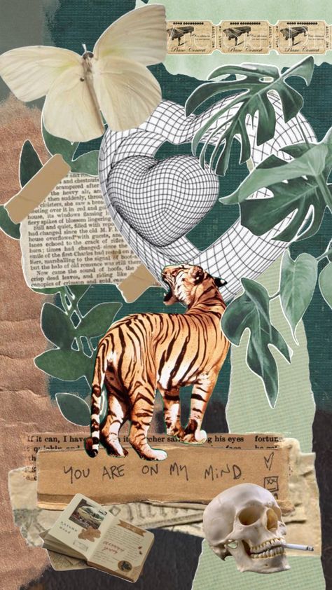 🤨 #aesthetic #love #stars #green #vintage #art #music #fyp #tiger #moodboard #collage #newspaper #heart Aesthetic Tiger Wallpaper, Tiger Wallpaper Aesthetic, Tiger Print Wallpaper Aesthetic, Collage Newspaper, Tiger Phone Background, Tiger Collage, Tiger Aesthetics Dark, Moodboard Collage, Notebook Ideas