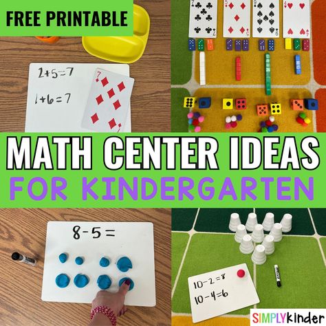 Math Center Ideas for Kindergarten - Simply Kinder Math Intervention Kindergarten, Center Ideas For Kindergarten, Kindergarden Math, Math Center Ideas, Math Stations Kindergarten, Subtraction Centers, Writing Center Kindergarten, Ideas For Kindergarten, Kindergarten Math Free