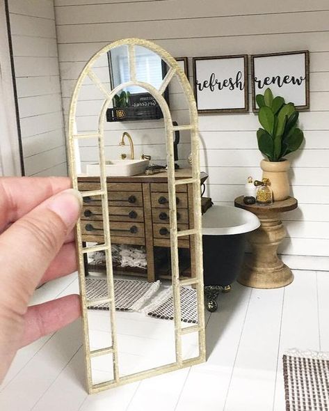 Wall Sheets, Miniature Bathroom, Shiplap Wall Diy, Diy Shiplap, Stained Glass Window Panel, Coffee Bar Signs, Arched Mirror, Bronze Mirror, Dolls House Interiors